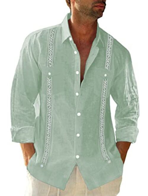 Beotyshow Cuban Guayabera Shirts for Men Mexican Style Short/Long Sleeve Linen Beach Button Down Shirts for Men