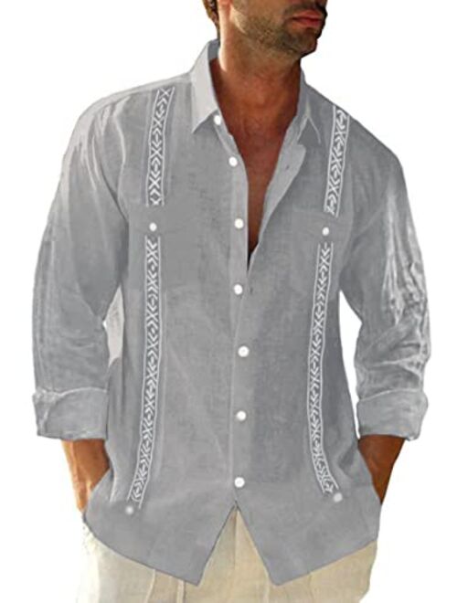 Beotyshow Cuban Guayabera Shirts for Men Mexican Style Short/Long Sleeve Linen Beach Button Down Shirts for Men