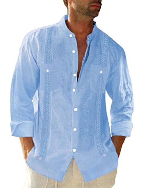 Beotyshow Cuban Guayabera Shirts for Men Mexican Style Short/Long Sleeve Linen Beach Button Down Shirts for Men