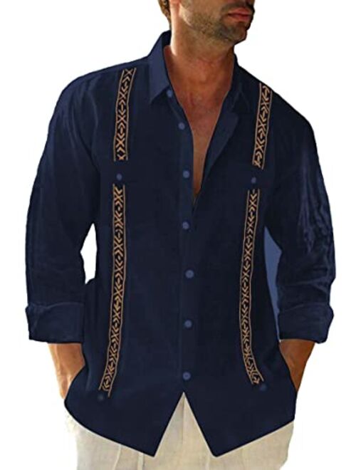 Beotyshow Cuban Guayabera Shirts for Men Mexican Style Short/Long Sleeve Linen Beach Button Down Shirts for Men