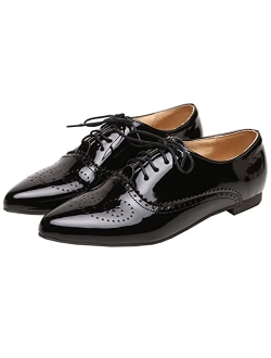 SHEMEE Women's Patent Leather Pointed Toe Flat Oxfords Pumps Vintage Wingtip Low Heels Lace Up Retro Brogues Dress Shoes