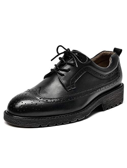 Beautoday Beau Today Women's Platform Brogue Leather Oxfords Shoes Lace Up Wingtip Shoes for Ladies