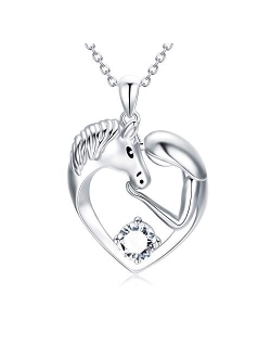 AOBOCO Horse Necklace Sterling Silver Love Heart Necklace with Birthstone Crystals, Horse Jewelry Gifts for Women Her Daughter