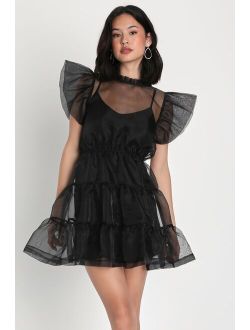 Moment of Drama Black Sheer Organza Tiered Ruffled Mini Dress