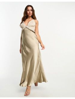 satin high shine ruffle cami midaxi dress with linen bust detail in stone