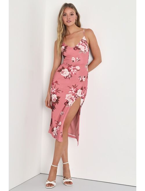 Lulus Sweet Confidence Mauve Pink Floral Lace-Up Midi Dress