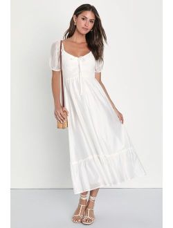 Inspiring Feelings White Smocked Puff Sleeve Midi Dress