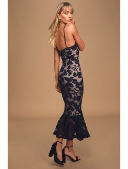 Alluring Dream Navy Blue Floral Mesh Lace Trumpet Midi Dress