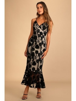 Alluring Dream Navy Blue Floral Mesh Lace Trumpet Midi Dress