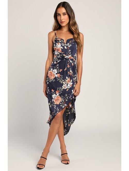 Lulus My Favorite Day Navy Blue Floral Print Tulip Skirt Midi Dress