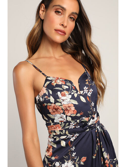 Lulus My Favorite Day Navy Blue Floral Print Tulip Skirt Midi Dress