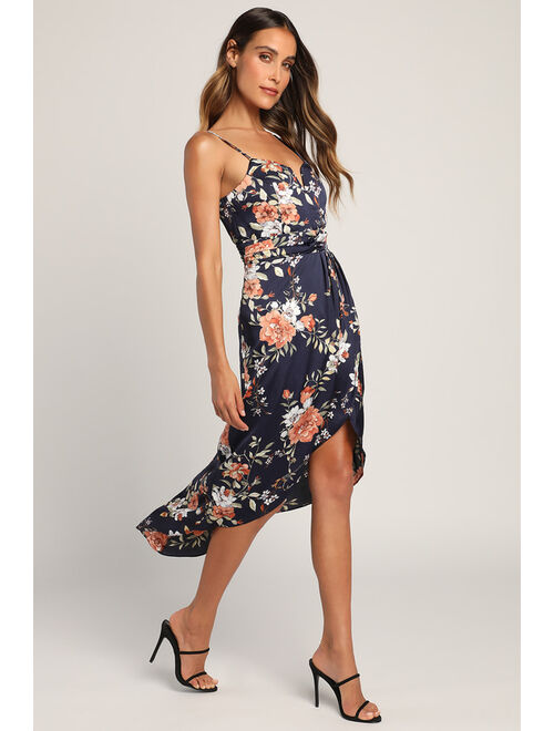 Lulus My Favorite Day Navy Blue Floral Print Tulip Skirt Midi Dress