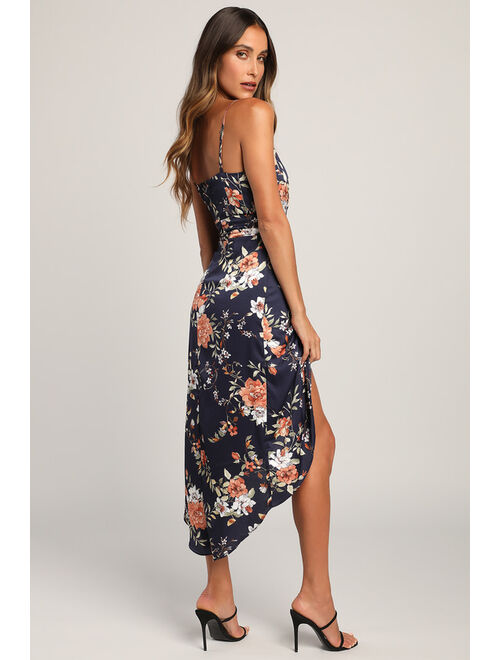 Lulus My Favorite Day Navy Blue Floral Print Tulip Skirt Midi Dress