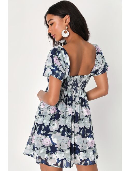 Lulus Fresh Florals Navy Blue Floral Print Puff Sleeve Mini Dress