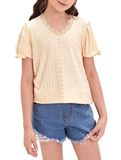 Miladusa Girls Summer Shirts Short Sleeve Lace Trim Tops V Neck Casual Blouse T-Shirt for 5-14 Years Kids