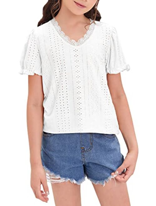 Miladusa Girls Summer Shirts Short Sleeve Lace Trim Tops V Neck Casual Blouse T-Shirt for 5-14 Years Kids