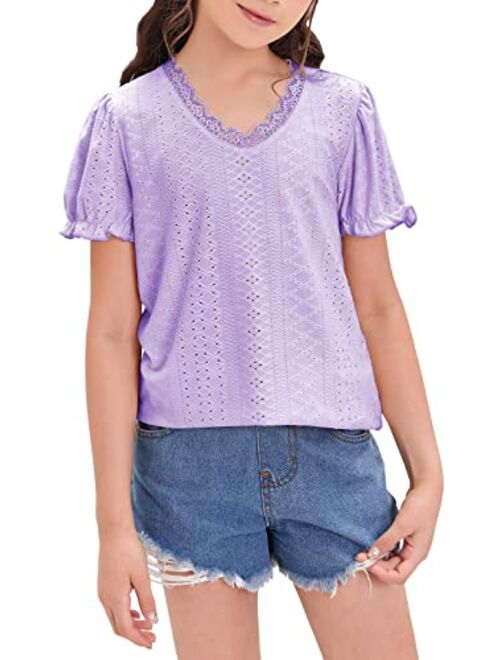 Miladusa Girls Summer Shirts Short Sleeve Lace Trim Tops V Neck Casual Blouse T-Shirt for 5-14 Years Kids