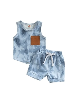 Aeemcem Toddler Baby Boys Summer Clothes Tie Dye Short Sleeve/Sleeveless T-Shirt Tank Top Elastic Waist Shorts Outfit Sets