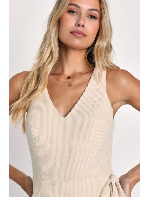 Lulus Coordinated Cuteness Beige Corduroy Faux Wrap Romper