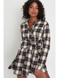 Pick Of The Patch Brown Plaid Tie-Front Mini Dress