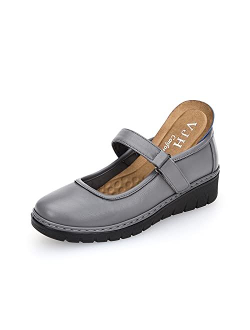 VJH confort Women s Mary Jane Flats, Breathable Comfort Round Toe Low Heel Slip-on Light Weight Walking Shoes