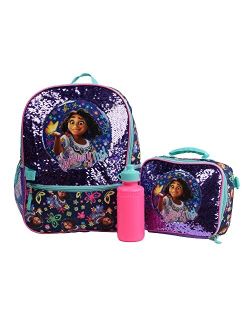 Encanto Mirabel 4 Piece Backpack set, Flip Sequin 16" School Bag for Girls with Front Zip Pocket, Purple & Black