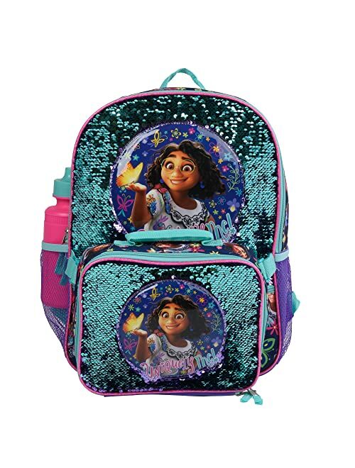 Disney Encanto Mirabel 4 Piece Backpack set, Flip Sequin 16" School Bag for Girls with Front Zip Pocket, Purple & Black