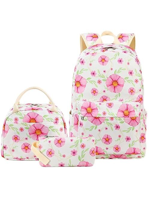 LOIDOU Backpack for Teen Girls Bookbags School Backpack with Lunch Box and Pencil Case 3 in 1 School Bags Set (Pink)