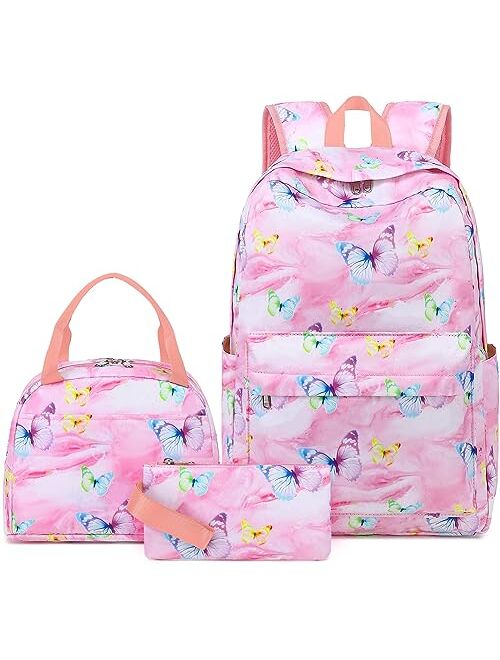 LOIDOU Backpack for Teen Girls Bookbags School Backpack with Lunch Box and Pencil Case 3 in 1 School Bags Set (Pink)