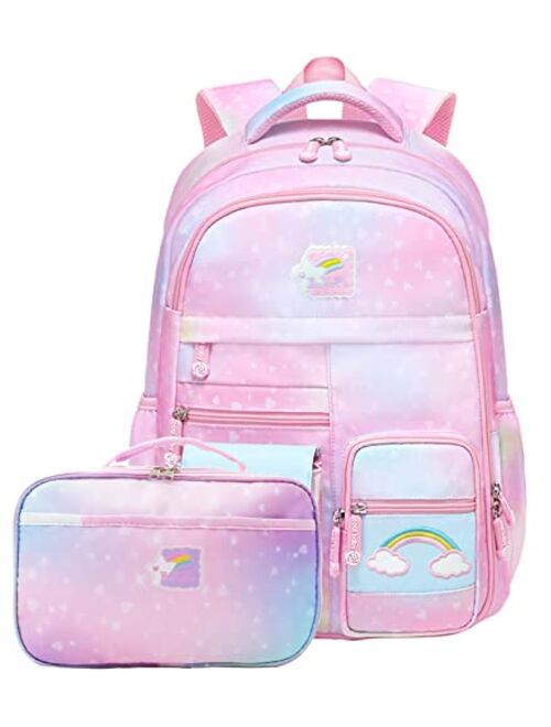 Byxepa Backpacks for Girls School Cute Kids Backpack Bookbags with Insulated Lunch Box Set for School Elementary girl, Tie Dye School Bag with Laptop Compartments 16 * 11