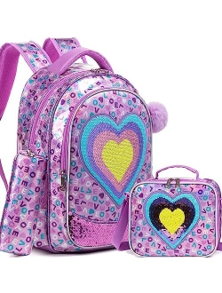 Meetbelify Girls Unicorn Reversible Sequin Backpack Set Magic Glitter Lightweight School Bookbag for Girls Kids Bling Backpack