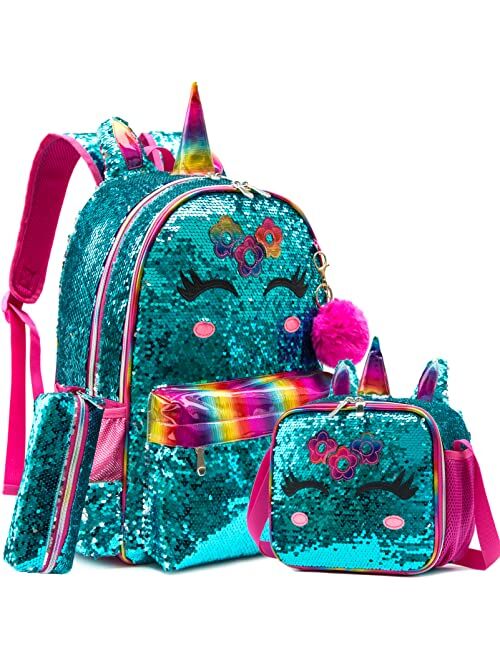 Meetbelify Girls Unicorn Reversible Sequin Backpack Set Magic Glitter Lightweight School Bookbag for Girls Kids Bling Backpack