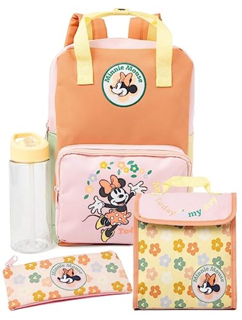 Disney Minnie Mouse Backpack Set Kids 4 Piece | Girls Animated Character Pink School Bag Lunch Box Pencil Case Water Bottle | Magical Merchandise Gifts