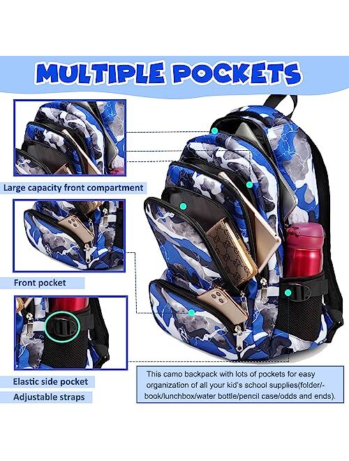 BLUEFAIRY Kids Backpack with Lunch Box for Boys Girls Elementary Middle School Backpack for Teens Child Youth Camo BookBags Sturdy Travel Gifts Mochila Para Ninos 17 Inch