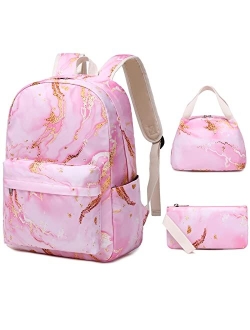 Sunborls Backpack for Teen Girls Lightweight High-Capacity Student Bookbag Women Backpack With Lunch Bag Pencil Bags Student Bookbags 3pcsMarble White