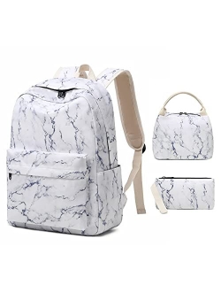 Sunborls Backpack for Teen Girls Lightweight High-Capacity Student Bookbag Women Backpack With Lunch Bag Pencil Bags Student Bookbags 3pcsMarble White