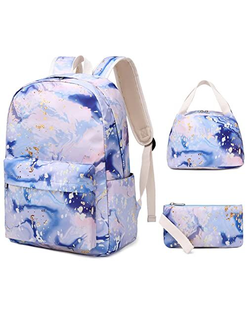 Sunborls Backpack for Teen Girls Lightweight High-Capacity Student Bookbag Women Backpack With Lunch Bag Pencil Bags Student Bookbags 3pcsMarble White