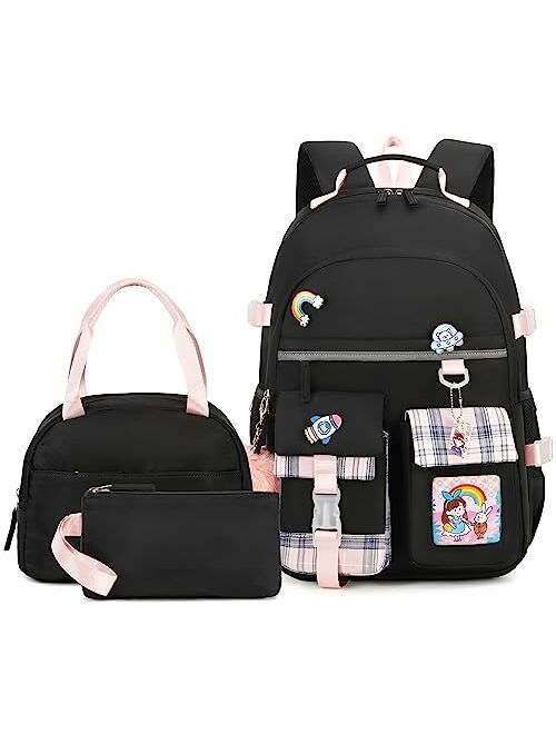 Hey Yoo Cute Backpack for School Backpack for Girls Backpack with Lunch Box Bookbag Set Kids Backpacks for Teen Girls (Pink)