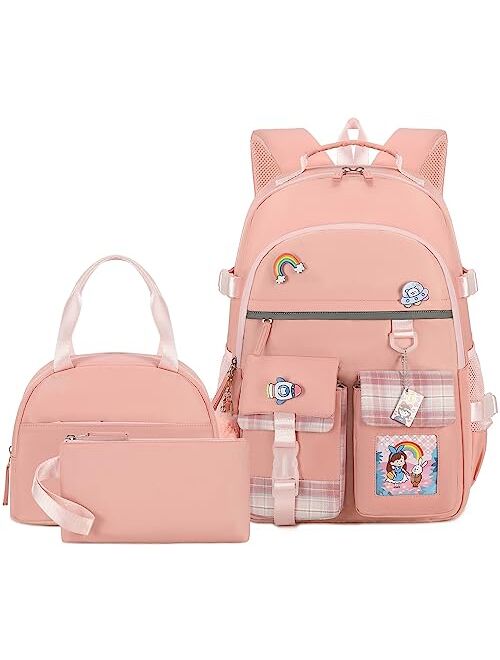 Hey Yoo Cute Backpack for School Backpack for Girls Backpack with Lunch Box Bookbag Set Kids Backpacks for Teen Girls (Pink)