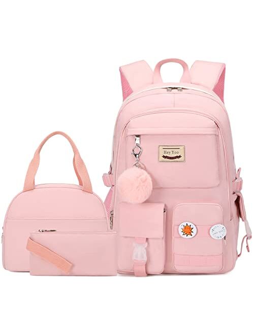 Hey Yoo School Backpack for Girls Backpack with Lunch Box Teen Girl Backpack Set Cute School Bag Bookbag for Teen Girls (Black)