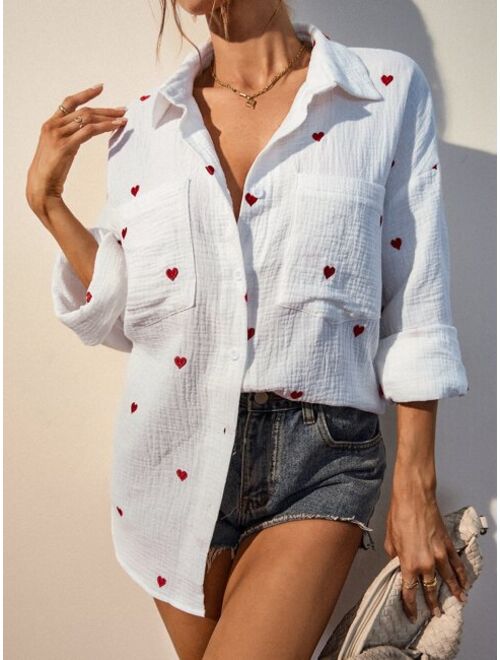 SHEIN Frenchy Heart Embroidery Pocket Patched Drop Shoulder Shirt