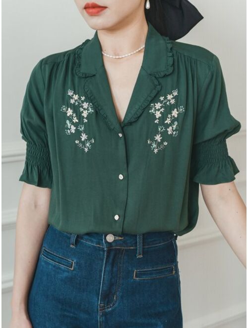 Floral Embroidery Frill Trim Shirred Cuff Blouse