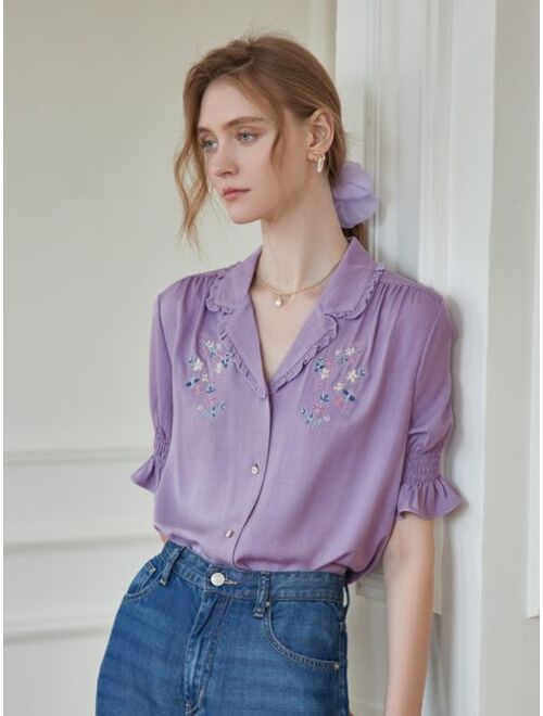 Floral Embroidery Frill Trim Shirred Cuff Blouse