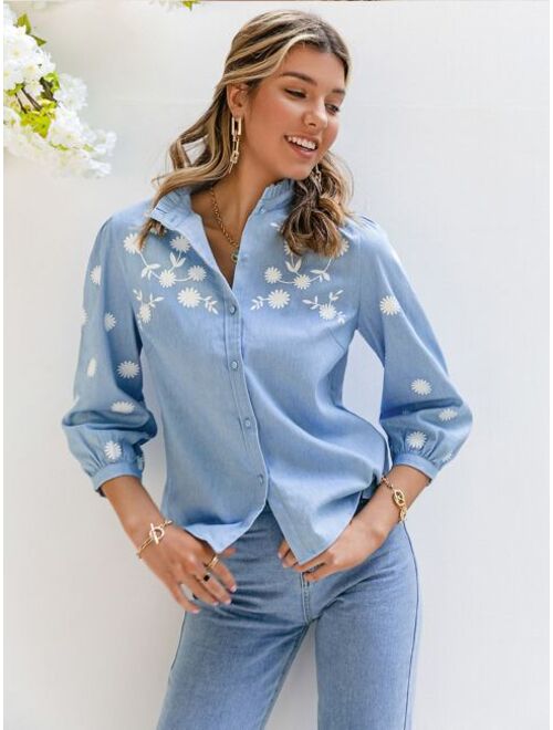 Simplee Floral Print Lantern Sleeve Blouse