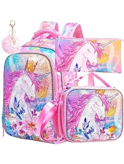 CCJPX 3PCS Girls Backpack, 16 Kids Unicorn Sequin Bookbag and Lunch Box for Kindergarten Elementary