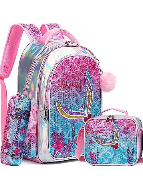 Meetbelify Backpack for Girls 16" Backpacks for Girls for School Sequin Backpack with Lunch Box for Elementary Students