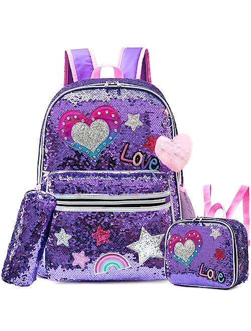 Meetbelify Backpack for Girls 16" Backpacks for Girls for School Sequin Backpack with Lunch Box for Elementary Students