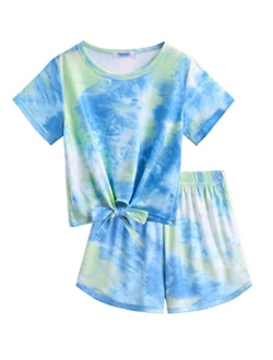 Yimoroe Girls Summer Shorts Set Kids 2Pcs Tie Dye Sport T-Shirt and Shorts Set Floral Print Clothing Sets