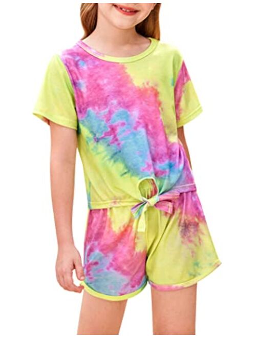 Yimoroe Girls Summer Shorts Set Kids 2Pcs Tie Dye Sport T-Shirt and Shorts Set Floral Print Clothing Sets