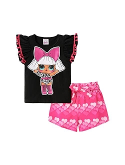 L.O.L. Surprise! Girls Clothes Set Doll Print Ruffle Sleeve Tee Top T-shirt and Shorts Kids Girl Clothes